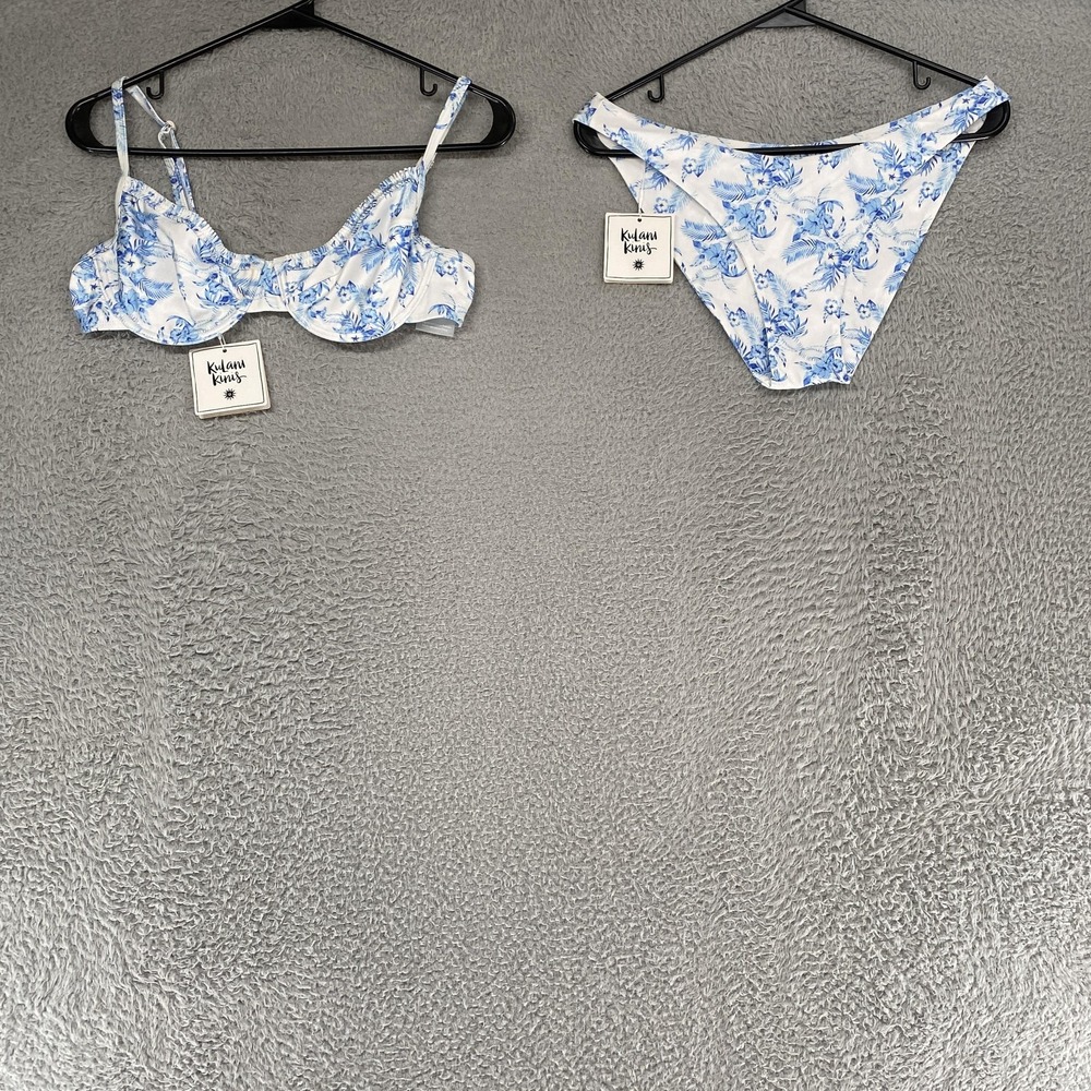 Kulani Kinis Bikini Set Womens Large White Blue Tropical Floral Ruffle Underwire
